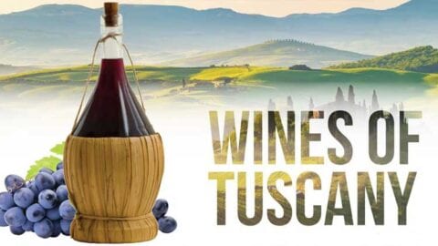 Wine bottle in front of Tuscan landscape