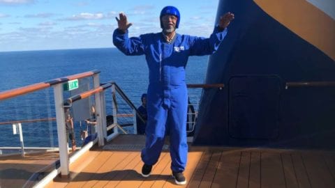 Paul Thornton gets ready to do the skydiving simulator aboard Royal Caribbean Anthem of the Seas
