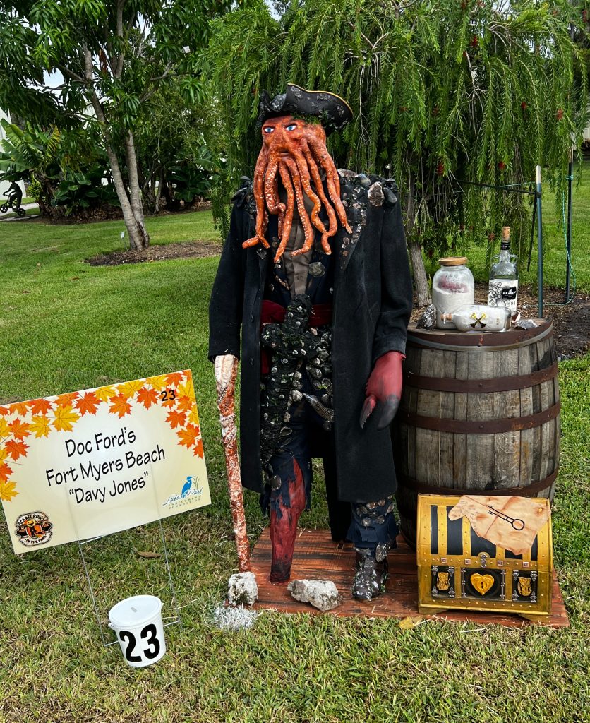 Doc Ford's restaurant in Fort Myers Beach with their Davy Jones scarecrow.
