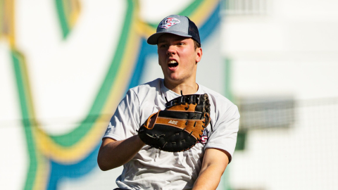 Michael Came throws the ball to a teammate on the The Louisville Slugger Warriors Amputee Baseball Team on Friday, Jan. 5, 2024. The team was in town to film their national documentary ÒCurveballsÉ Secrets to the Game of LifeÓ at Swanson Stadium at FGCU.